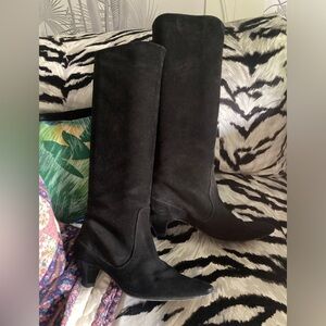 Belle by Sigerson Morrison Black suede low heel boots sock gogo knee high 6.5-7